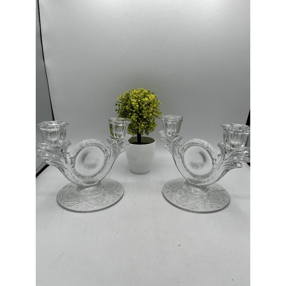 Paden City Glass Etched Grape Double Arm Candelabra Pair Art Deco 1940s